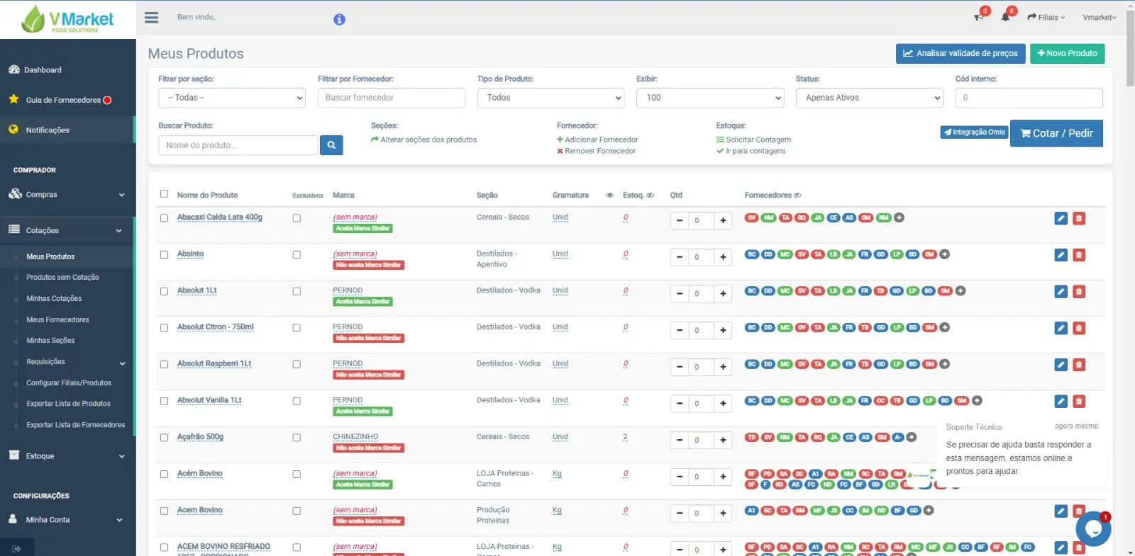 Tela VMarket para enviar produtos e fornecedores